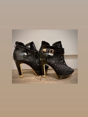 Black Lace & Patent High Heel Ankle Booties with Gold Trim